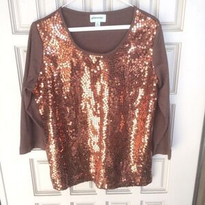 Glitterscope Sequin Front T Shirt SzS Cotton Brown Short Sleeves NWOT